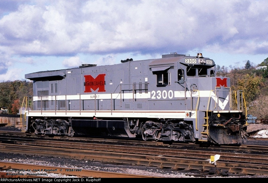 MGA, Monongahela Railway B23-7R 2300 ex-WP 2254 U23B, at Brownsville, Pennsylvania. October 28, 1990.